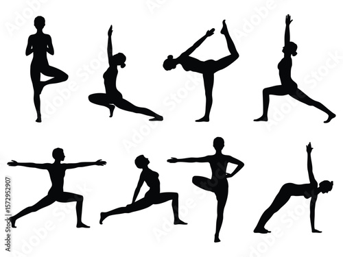 A black and white silhouette illustration of different yoga poses