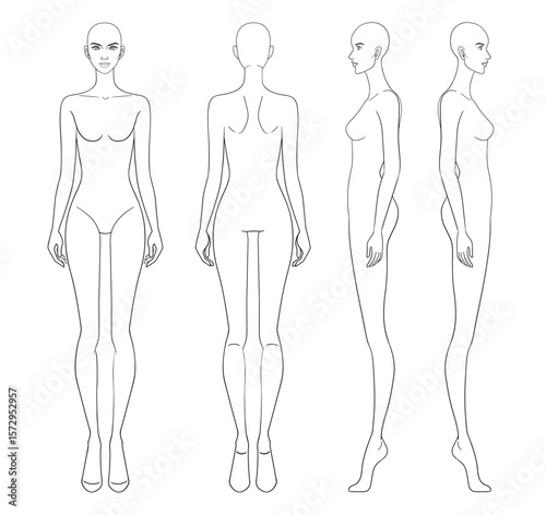 Fashion outline sketch croquis figurines front side back view with bald woman in vector.