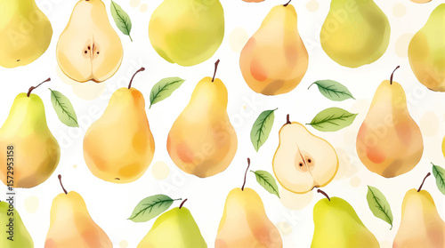 Watercolor pears and leaves seamless pattern on a white background.