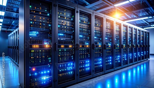 Modern Data Center Rack Servers with Bright LED Lights and Server Room
