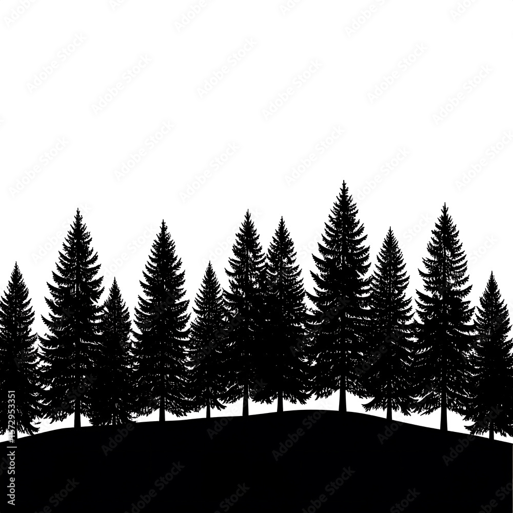Silhouette Forest Panorama: A monochrome silhouette of a lush evergreen forest landscape, evokes a sense of natural serenity and tranquility. Silhouette Forest Panorama: A monochrome silhouette of a lush evergreen forest landscape, evokes a sense of natural serenity and tranquility.