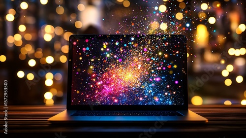 laptop screen displaying galaxy scene with colorful bokeh lights in background
