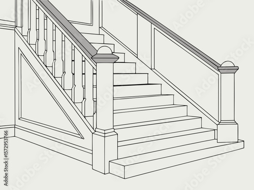 Grand wooden staircase ascending towards a bright window, bathed in natural light