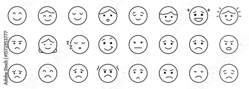 Emoji icon collection set. Outline style mood and reaction symbols for communication and design. Editable stroke. 
