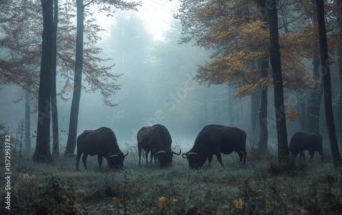 A herd of majestic Aurochs, the prehistoric ancestors of modern cattle, graze peacefully in the misty, golden-tinged forest