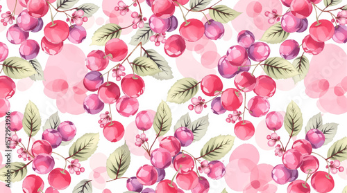 A seamless pattern of berries and blossoms in pastel tones, evoking freshness, femininity, and the delicate beauty of nature