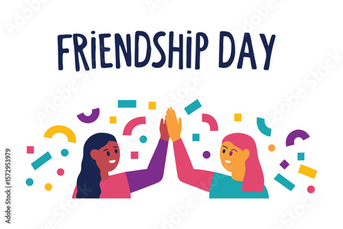 Two friends celebrating friendship day with a high five surrounded by colorful confetti and abstract shapes