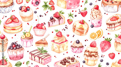 Delightful watercolor desserts and berries scattered across a soft background, creating a sweet, playful pattern full of color and indulgent charm