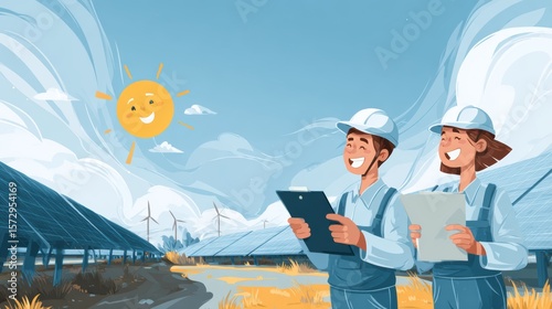 Cartoon project manager engineer pointing at timeline chart with team