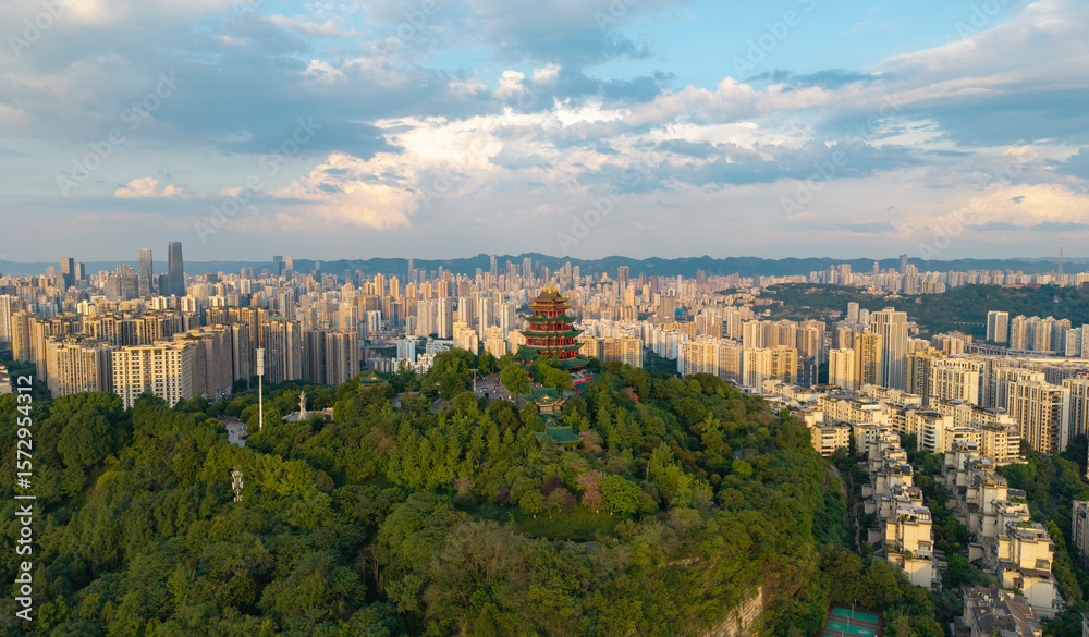 Fototapeta premium Aerial photography of Hong'en Temple Forest Park in Chongqing, China