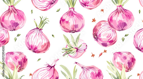 Watercolor garlic, onion pattern on white background