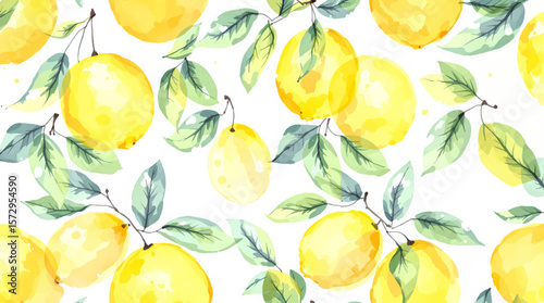 A lively lemon pattern with delicate leaves and soft splashes, capturing the essence of zest, warmth, and natural beauty