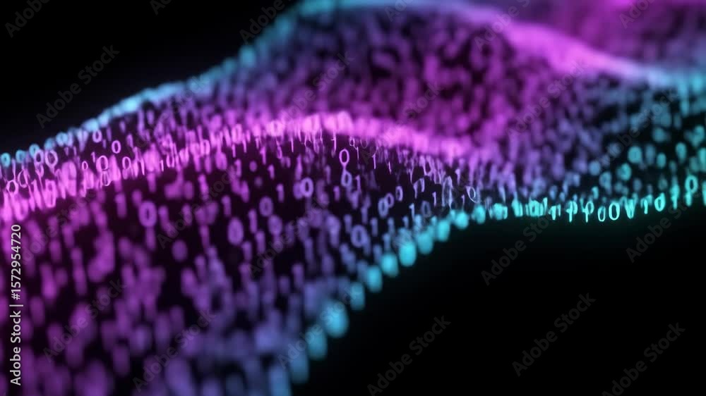 Abstract technology background with binary code, digital data, flowing binary numbers and glowing pink-blue colors for tech, futuristic concepts.