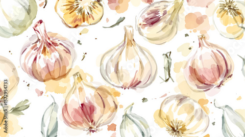 Soft watercolor garlic bulbs scattered across a light background, creating a rustic, organic pattern full of warmth and natural charm