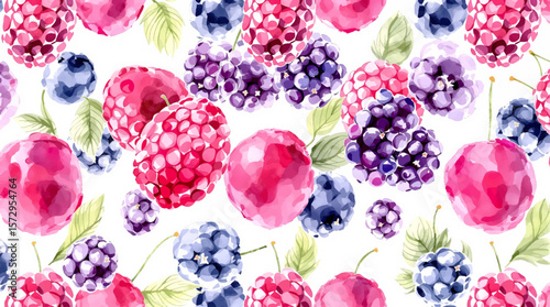 Soft watercolor berries with blooming flowers and leafy branches, expressing lightness, sweetness, and a calm, natural elegance