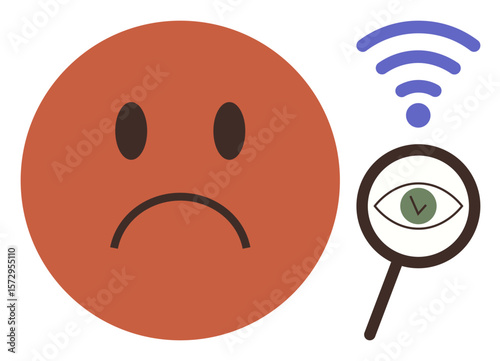 Sad red face beside wireless signal and eye under magnifying glass. Ideal for digital privacy, surveillance, emotion, online safety, transparency, data security, and internet reliance. Simple flat