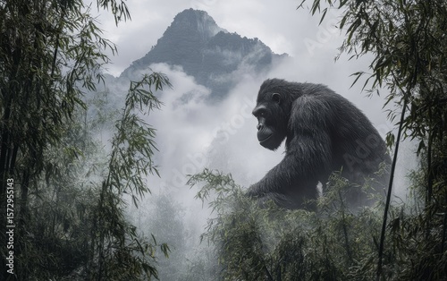 A towering Gigantopithecus emerges from the swirling mists, its keen gaze scanning the dense, verdant forest surrounding it
