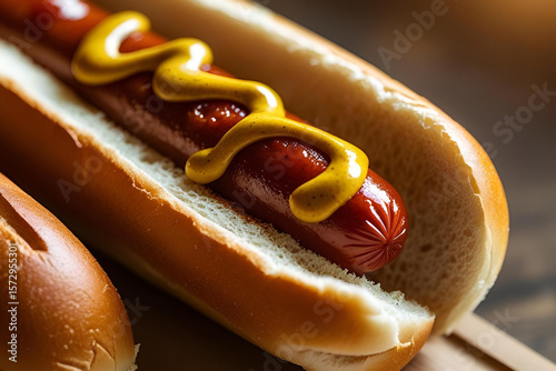 Simple Classic Hot Dog with Yellow Mustard on a Wooden Surface