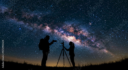 Silhouettes of two people photographing the Milky Way at night  