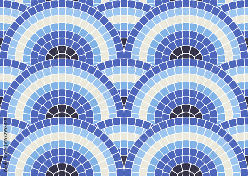 Seamless mosaic pattern with round waves in portuguese style, gray geometric decorative scales pavement, stone tiling with water ornament, vector