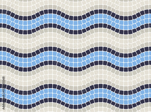 Wavy mosaic lines blue and gray, waves tessellation stripe border ornament, seamless stone paving tile pattern in portuguese style, vector