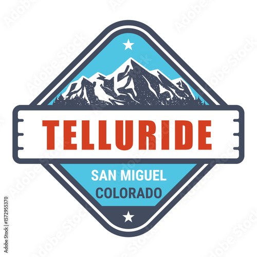 Telluride ski resort, Colorado stamp, emblem with snow covered mountains, vector