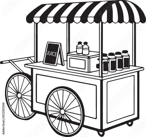 Black and White Juice Cart with Striped Awning and Bottles