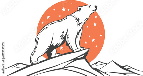 Polar Bear on Mountaintop Starry Orange Sky arctic