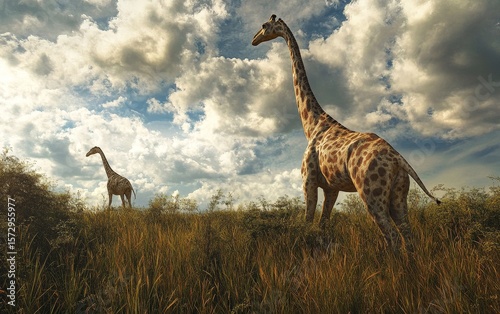 A pair of graceful giraffes carefully make their way through the swaying, golden grasses of the African savanna, their long legs and necks enabling them to navigate the lush environment with ease