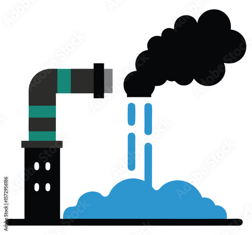 A dark plume of smoke billows from a factory pipe, while a blue liquid spills onto the ground below, depicting industrial pollution