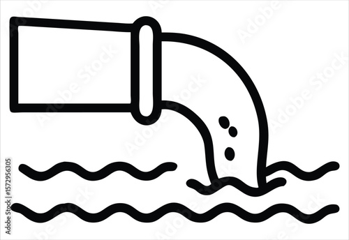 A stark black and white illustration depicts a pipe releasing pollutants into wavy water, symbolizing water pollution and environmental concerns