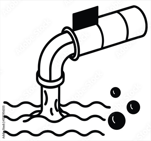 A black and white illustration shows a pipe pouring waste into wavy water, symbolizing water pollution and environmental damage