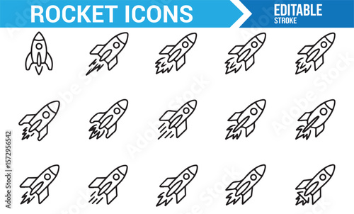 Set of Rocket Icons for Space Exploration, Launch, and Technology Innovation