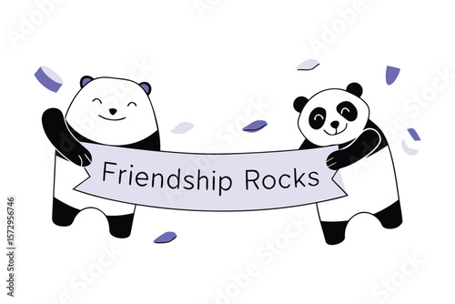 Two adorable cartoon pandas joyfully holding a banner that proclaims friendship rocks with purple confetti in the background