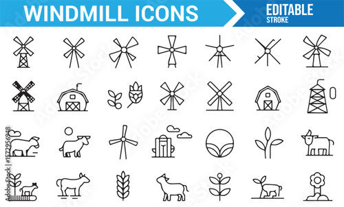 Icons of Windmills, Agriculture, and Renewable Energy for Farming and Sustainability