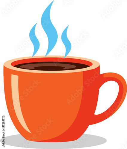 A Simple Illustrated Orange Coffee Mug Filled with Dark Beverage Emitting Blue Steam 