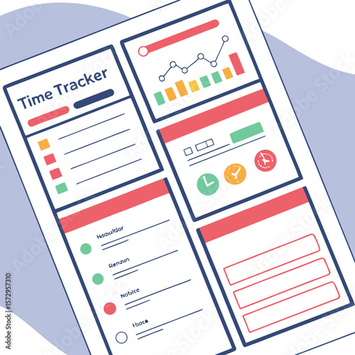 Modern flat design illustration of a time tracker document with charts graphs and checklist items for productivity and task management