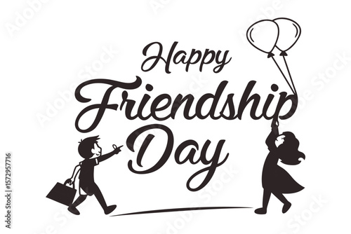 Celebrating Friendship Day: A heartwarming illustration captures the spirit of friendship with two figures, holding balloons and sharing a moment of joy, set against a stylish typography backdrop.