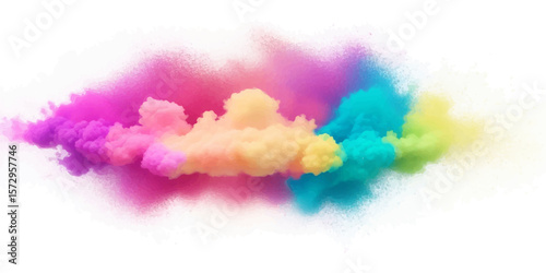 Dynamic Multicolor Rainbow Powder Dust Explosion with Bright Color Burst and Colorful Paint Cloud on Isolated White Background