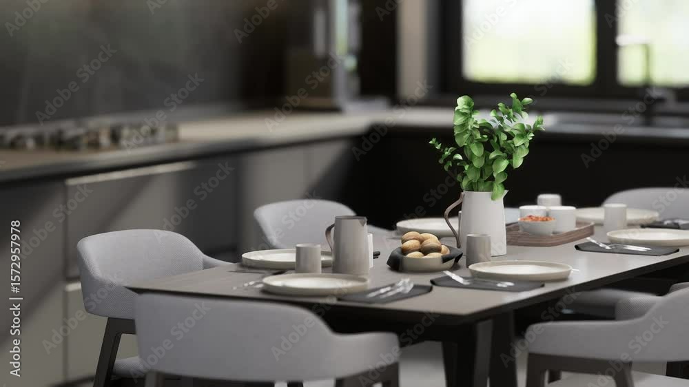 House interior design detail, dining table close-up shot