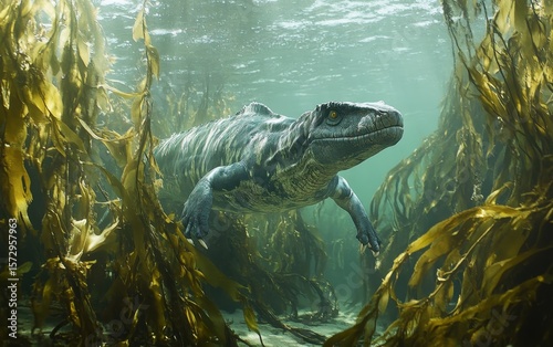 A Thalattosaurus, an ancient marine reptile, gracefully glides through the vibrant, swaying kelp forest, its striking features and streamlined body perfectly adapted to the underwater environment