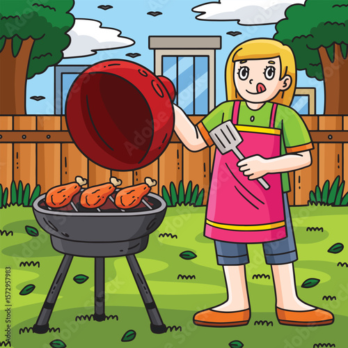 BBQ and Girl Grilling Chicken Colored Cartoon 