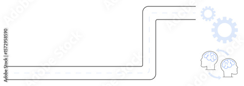 Curved roadway with dashed lines merging into gears and human brain icons, symbolizing progress, innovation, and collaboration. Ideal for strategy, creativity, learning, problem-solving, growth