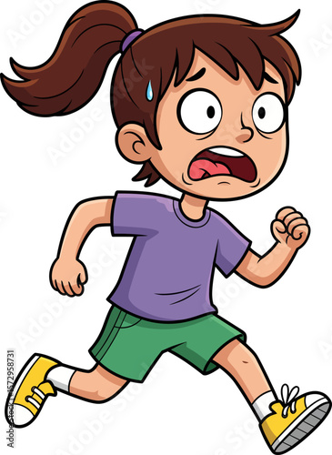 A young girl in a purple shirt and green shorts with her hair in a ponytail runs with a frightened expression on her face wearing yellow sneakers