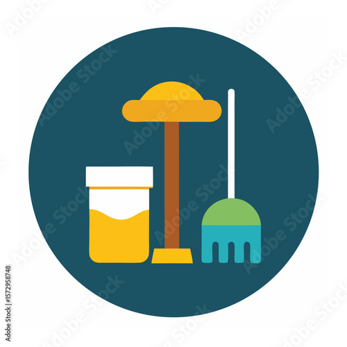 Cleaning Supplies Icon Set with Broom Bucket and Mop in Flat Design