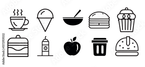 Food and Drink Icon sets with Burger, Coffee, Pizza, and Kitchen Items on White Background