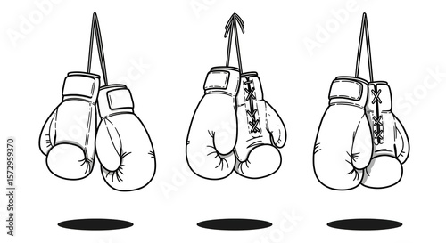 Hanging Boxing Gloves Black and White Vector Icon Set