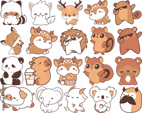 Set of Adorable Kawaii Animal Illustrations