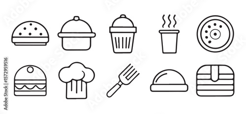 Food and Drink Icon sets with Burger, Coffee, Pizza, and Kitchen Items on White Background