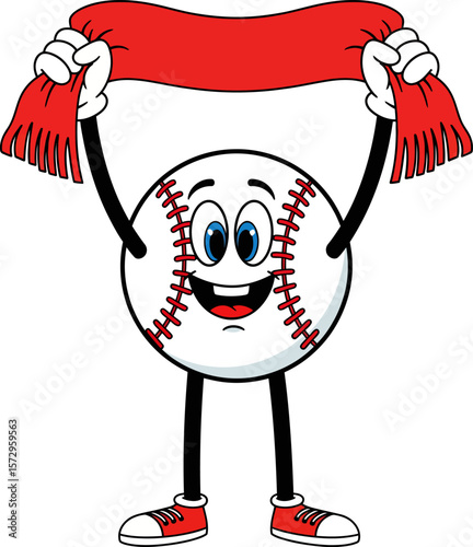 Enthusiastic Baseball Character Holding a Red Scarf Celebrating a Sporting Event